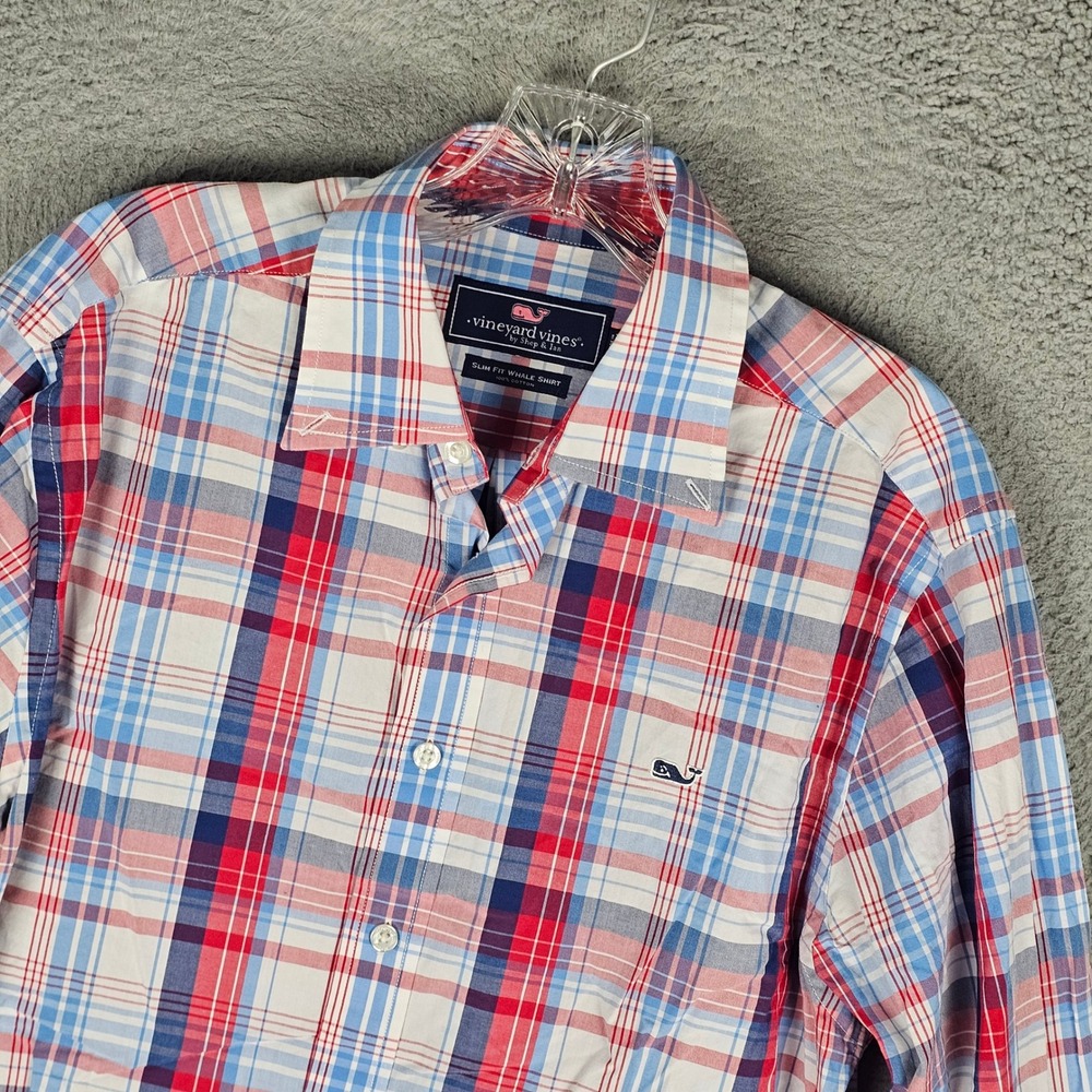 Vineyard Vines Button Down Mens M Red Blue Plaid Slim Fit Whale Shirt 1W2283